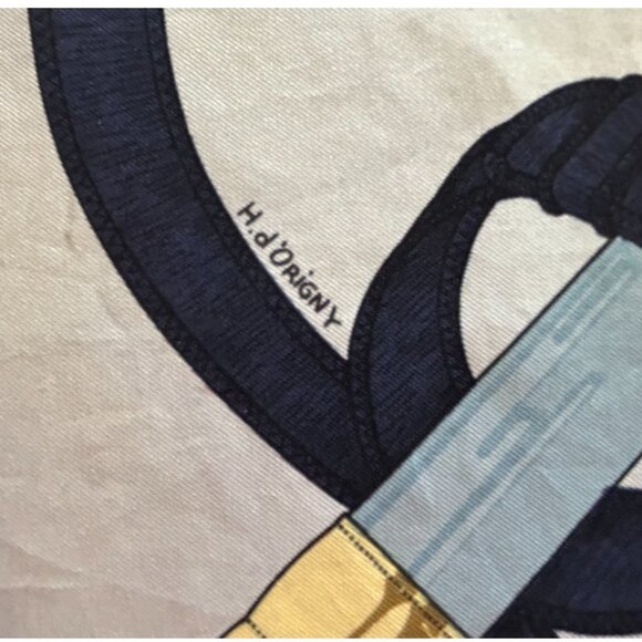 Vintage Hermes Pellier Paris Eperon d' Or Silk Scarf Blues with light Gray - Picture 3 of 16